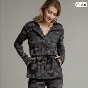 CAbi ATC Camo Jacket Jersey Knit Gray Black Full Zip Thumb Holes Tie Waist #3911